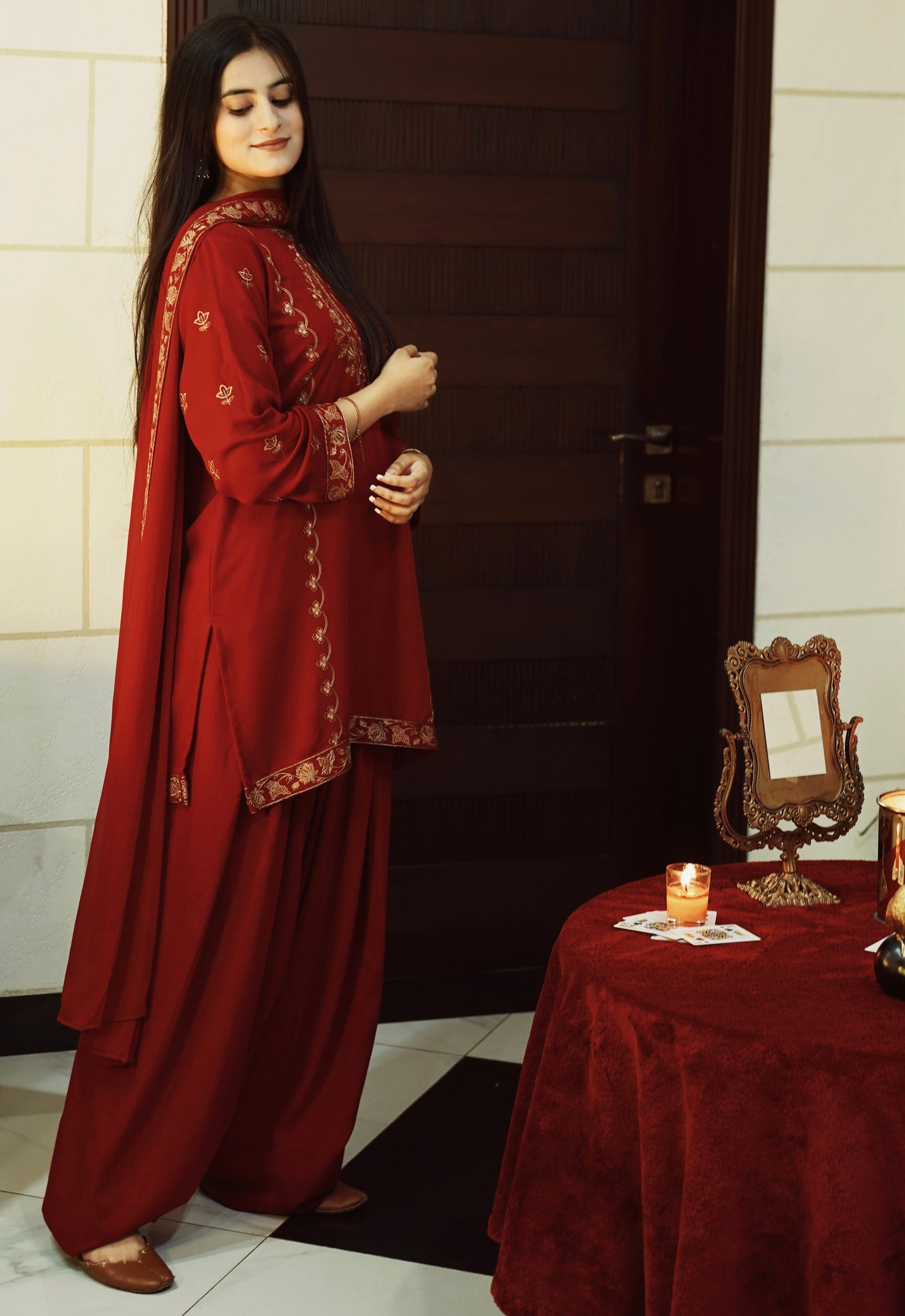 Red Karandi Embroidered short shirt with farshi shalwar and embroidered chiffon dupatta