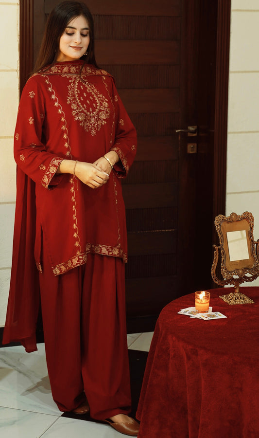 Red Karandi Embroidered short shirt with farshi shalwar and embroidered chiffon dupatta