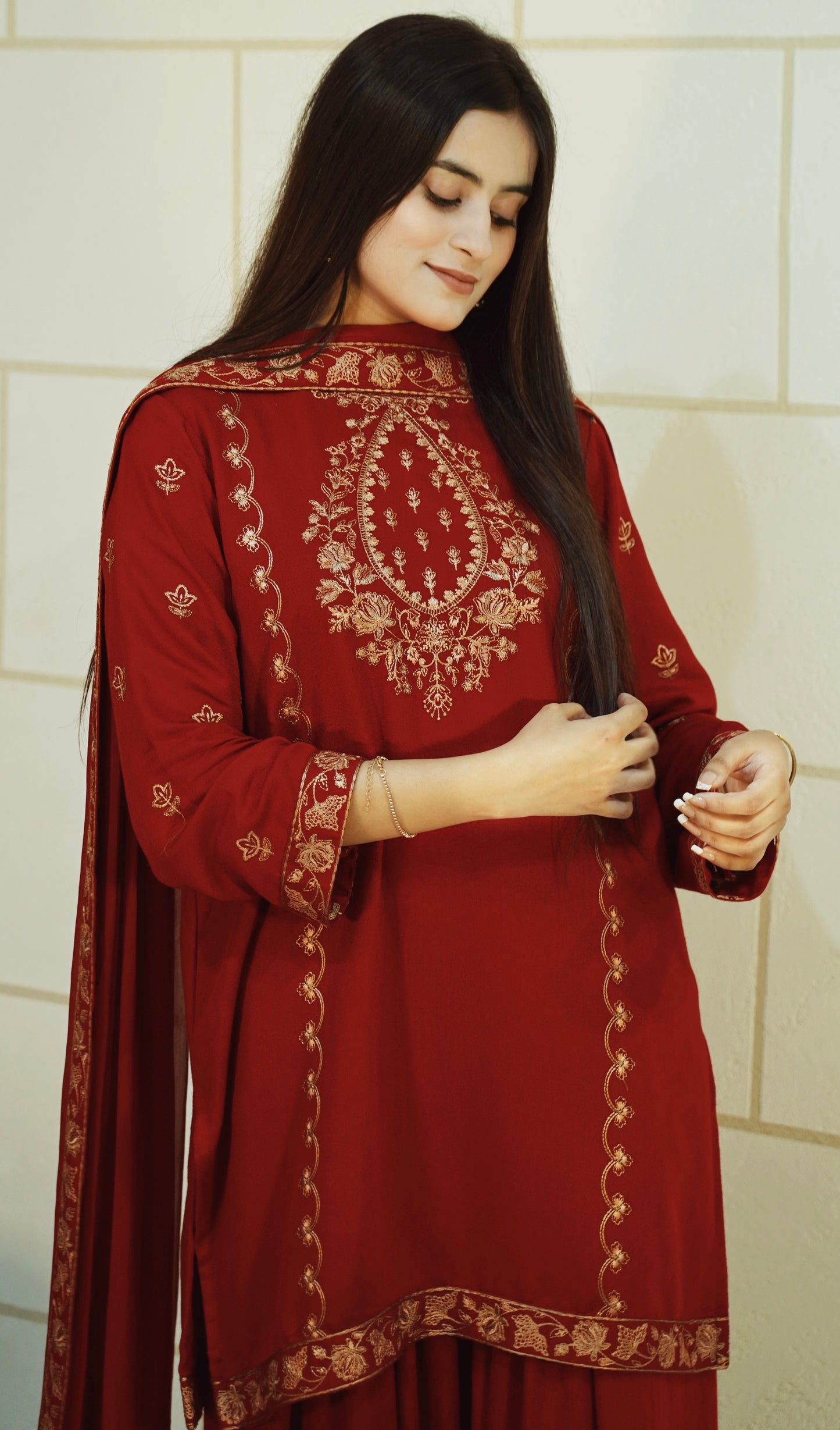 Red Karandi Embroidered short shirt with farshi shalwar and embroidered chiffon dupatta