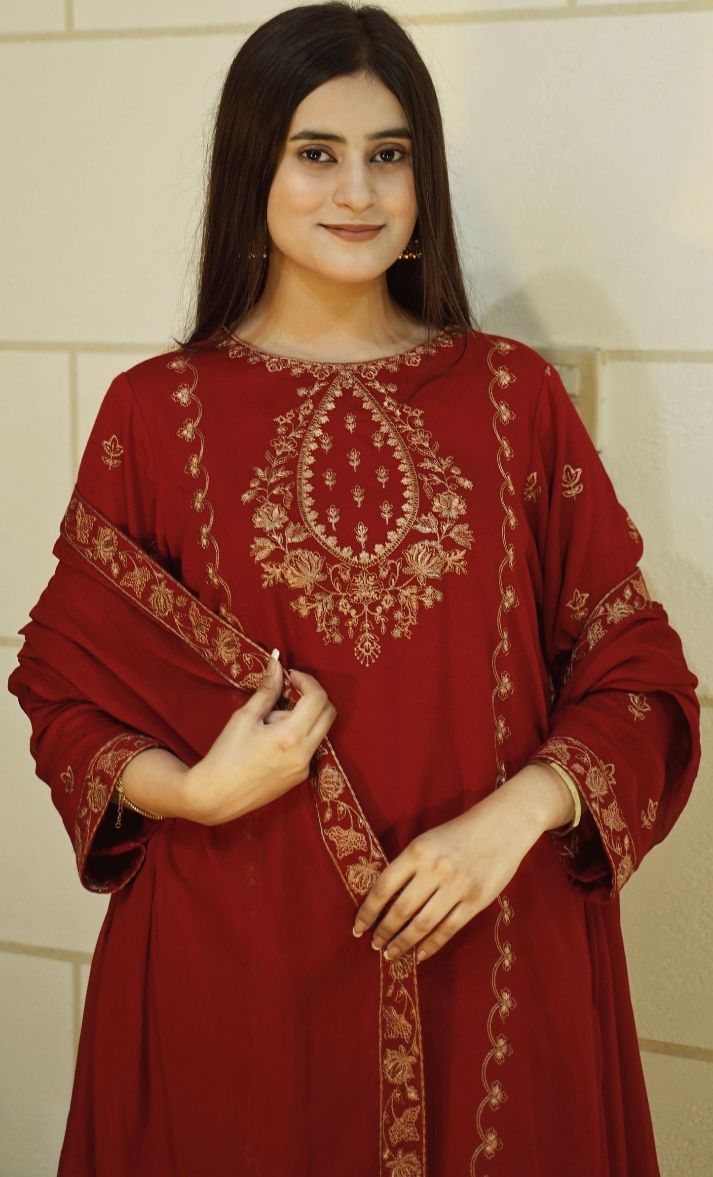 Red Karandi Embroidered short shirt with farshi shalwar and embroidered chiffon dupatta
