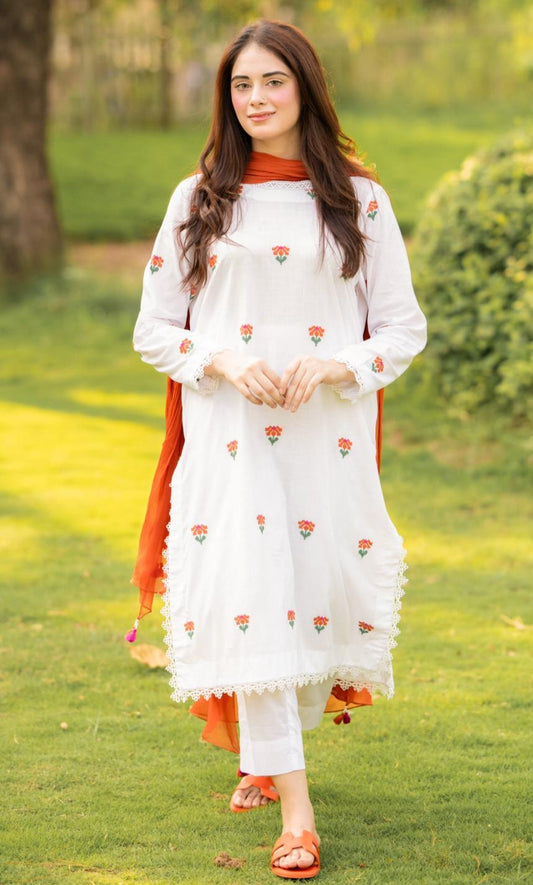 Off-White Hand Embroidered 2-Piece