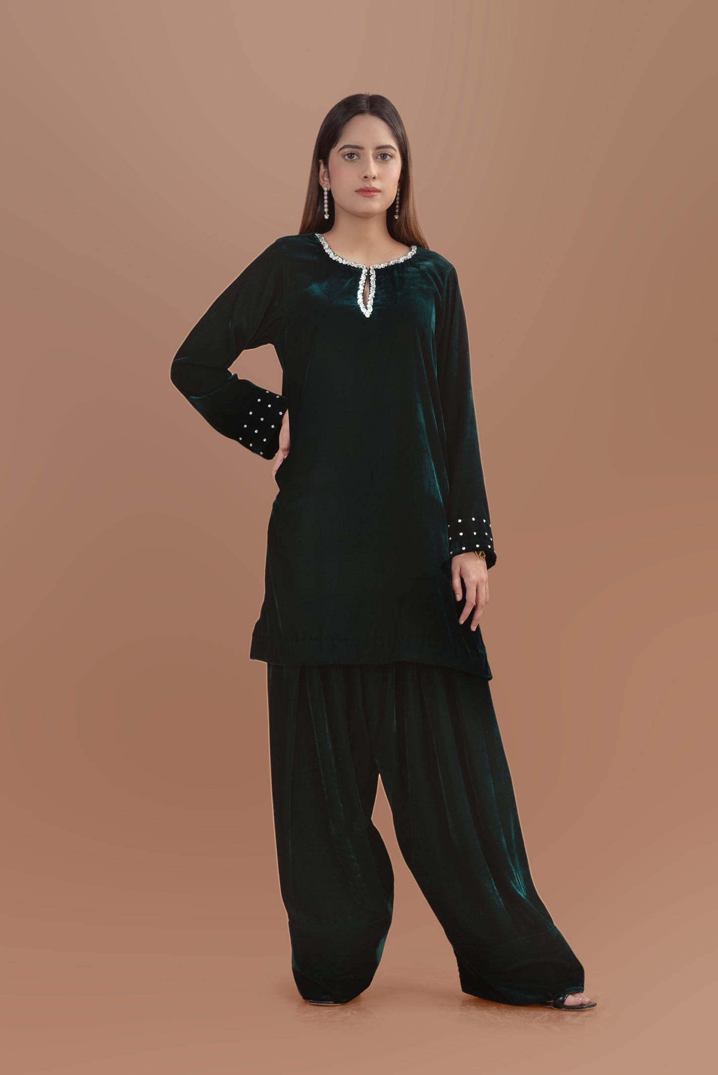 Deep green velvet two-piece