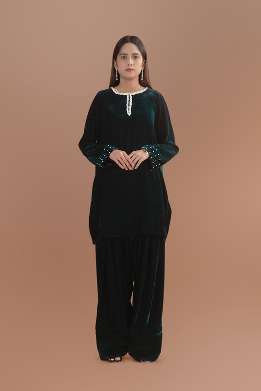Deep green velvet two-piece